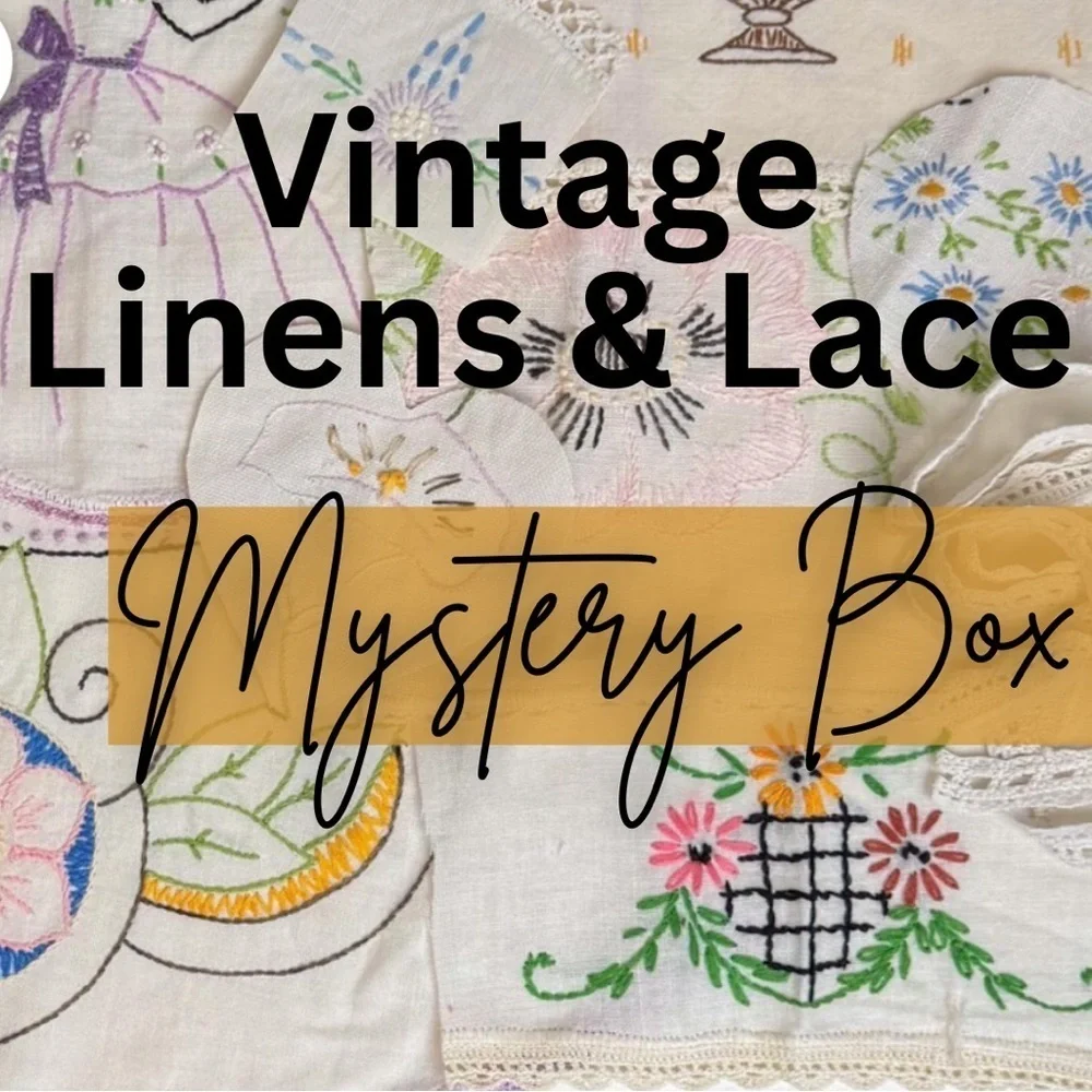 Vintage Embroidered Linens & Lace Mystery Grab Bag 🌸 Large Box 🍄 14-20 Pieces